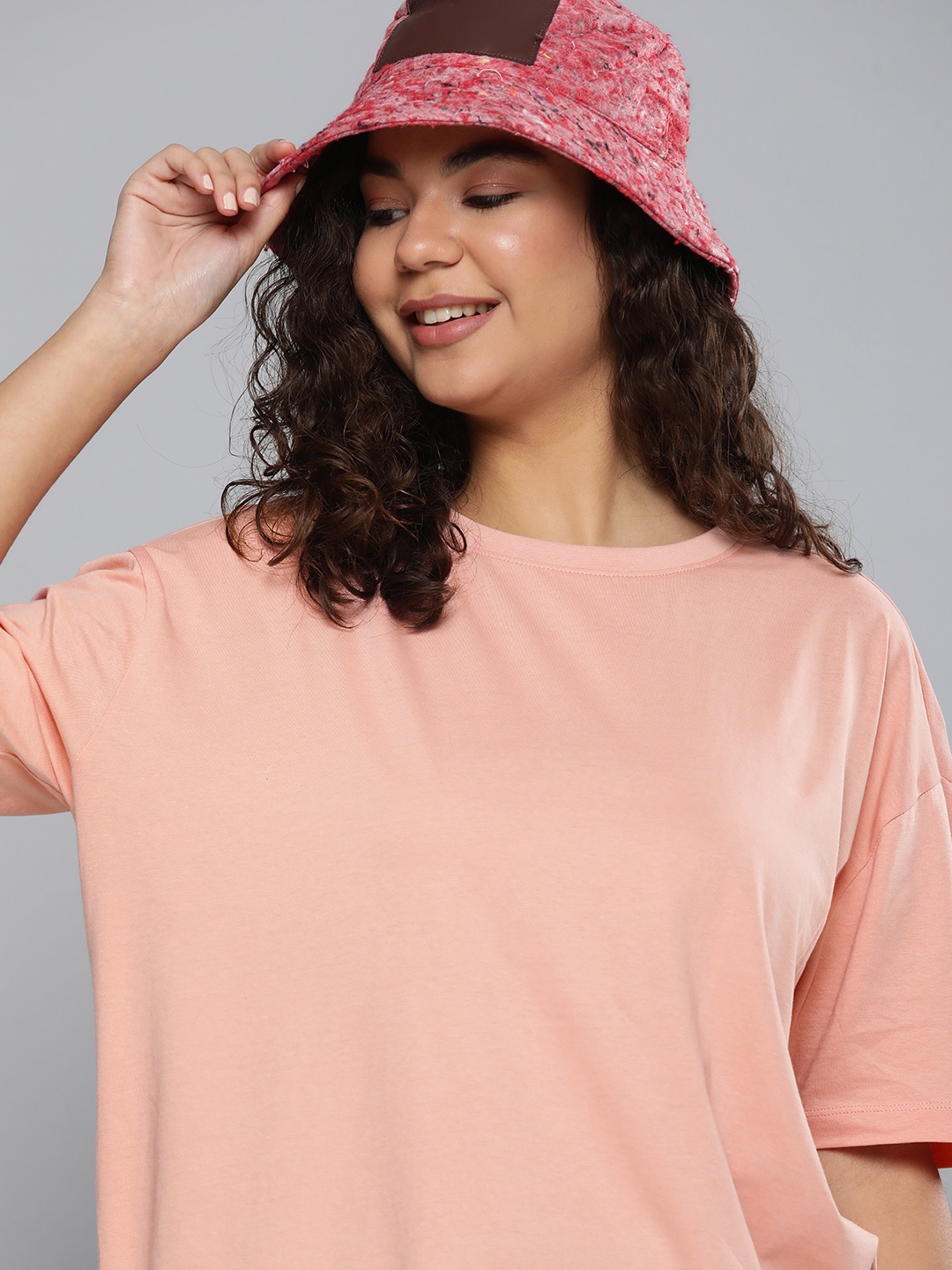 

HERE&NOW Women Peach-Coloured Solid Pure Cotton T-shirt