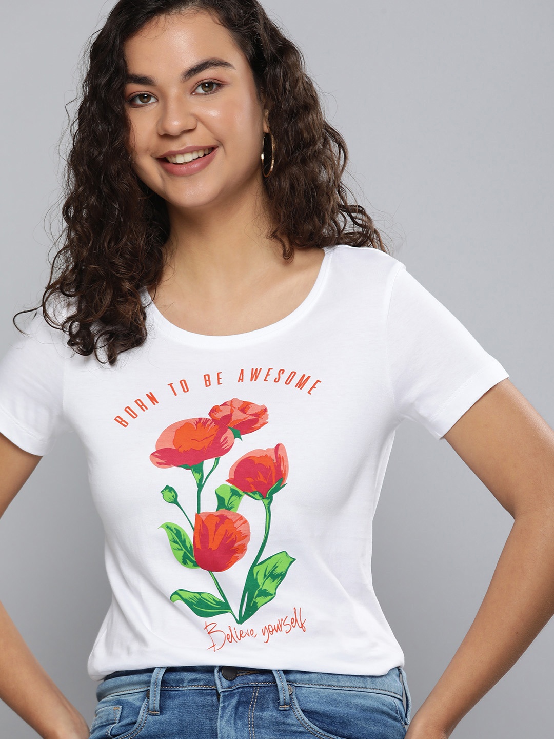 

HERE&NOW Women White & Red Floral Printed Pure Cotton T-shirt