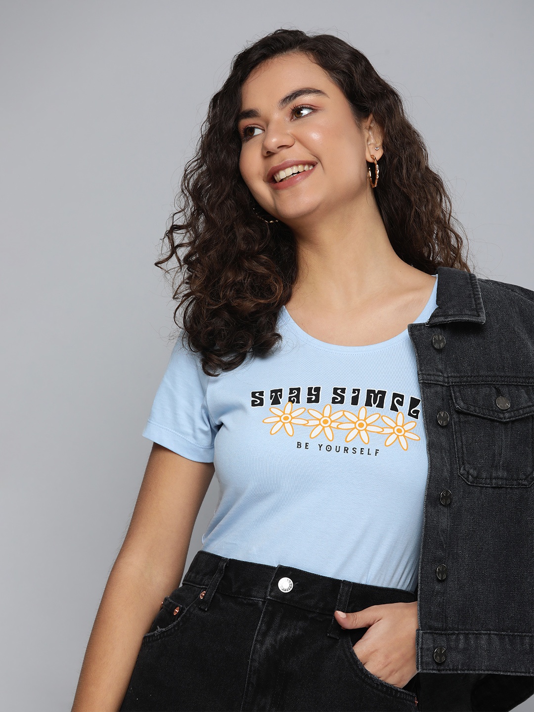 

HERE&NOW Women Blue & Yellow Typography Printed Pure Cotton T-shirt
