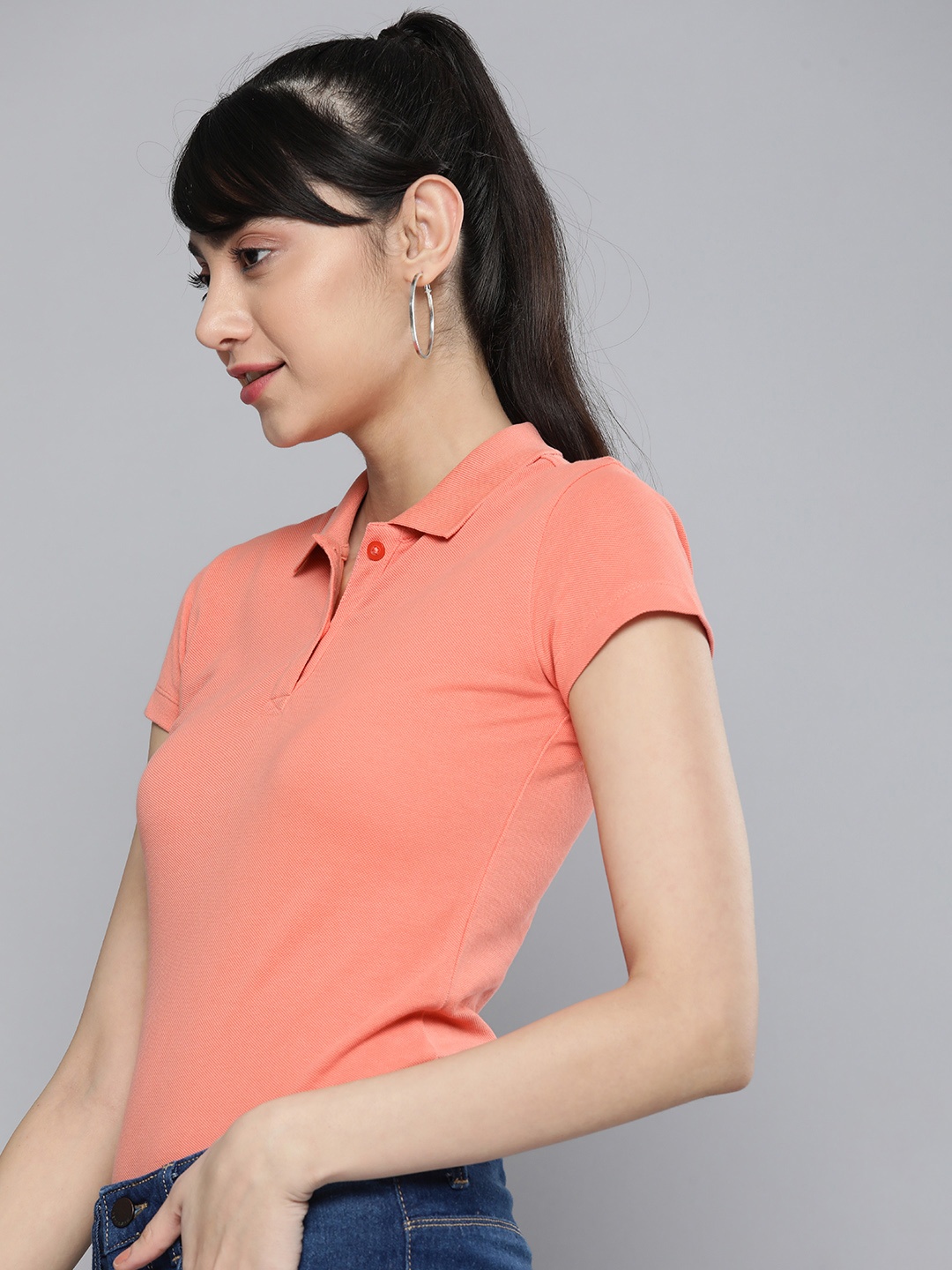 

HERE&NOW Women Peach-Coloured Polo Collar Pure Cotton T-shirt