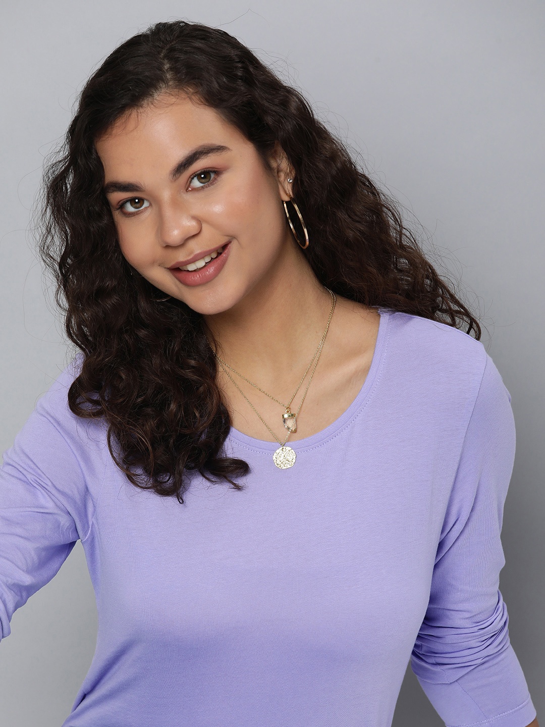 

HERE&NOW Women Lavender Solid Pure Cotton T-shirt