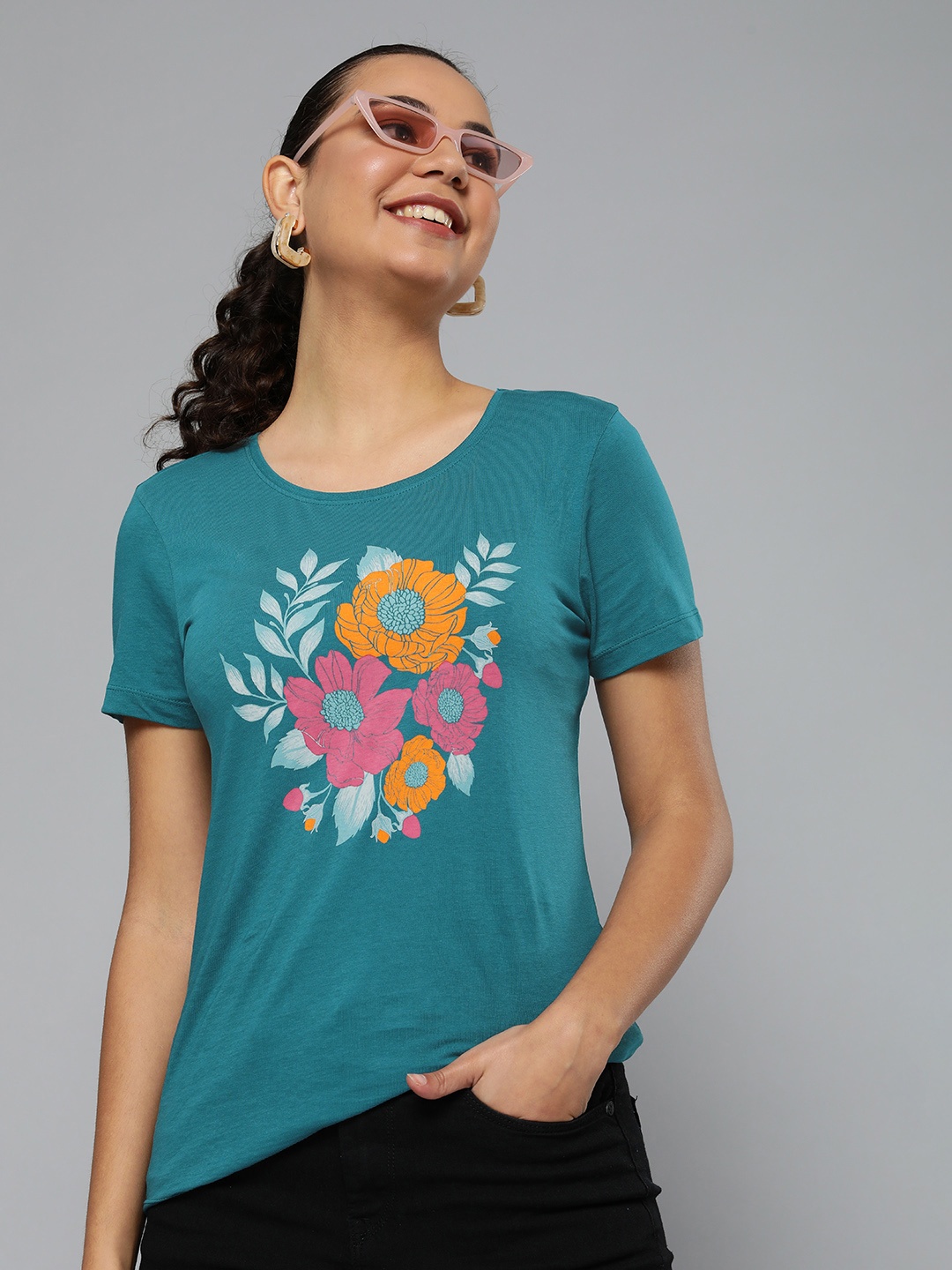 

HERE&NOW Women Teal Blue & Orange Floral Printed Pure Cotton T-shirt
