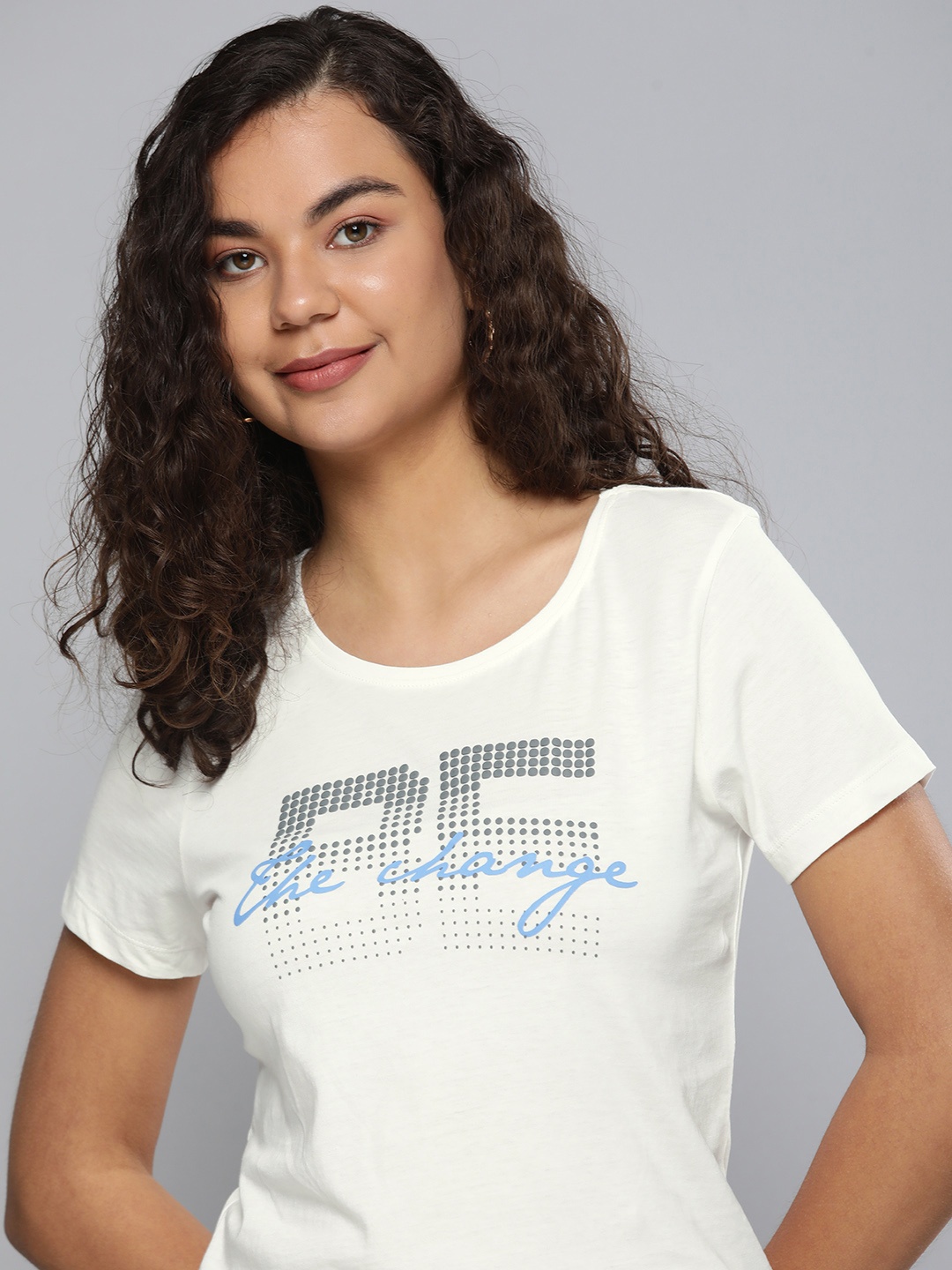 

HERE&NOW Women Off White & Black Typography Printed Pure Cotton T-shirt