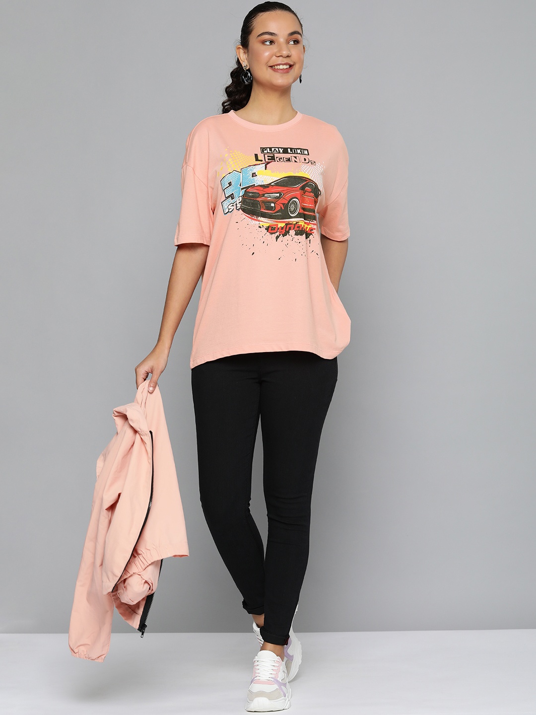 

HERE&NOW Women Peach-Coloured Printed Drop-Shoulder Sleeves Pure Cotton T-shirt