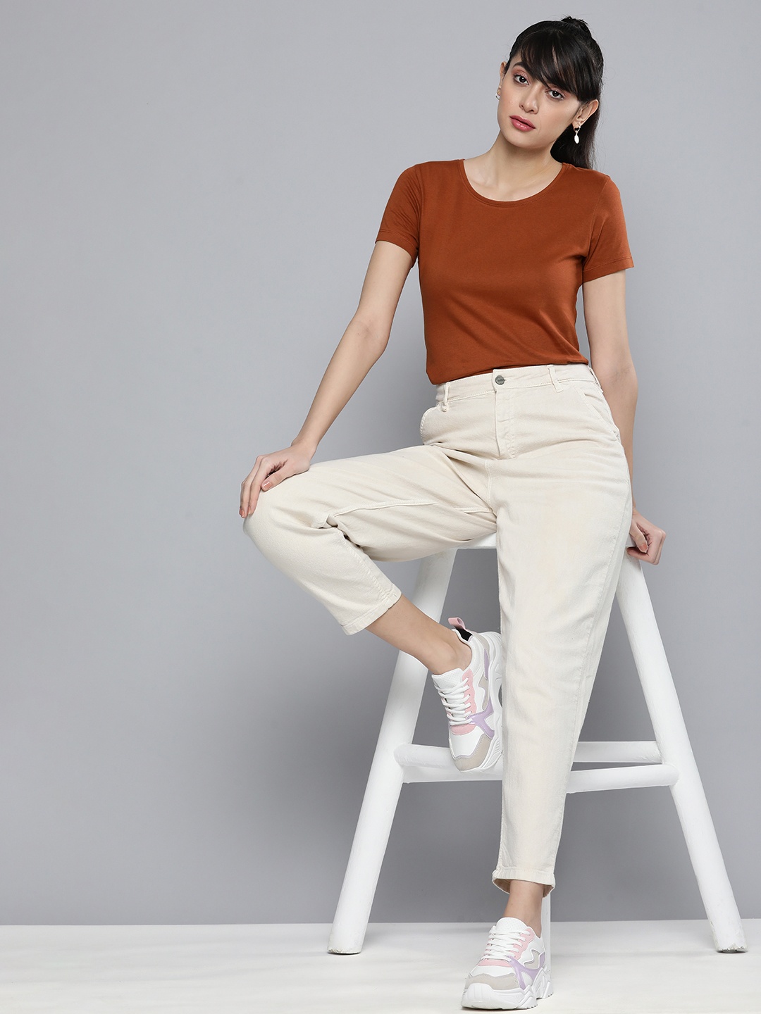 

HERE&NOW Women Rust Brown Solid Pure Cotton T-shirt