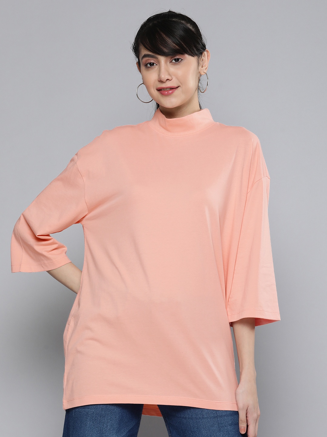 

HERE&NOW Women Peach-Coloured High Neck Drop-Shoulder Sleeves Pure Cotton T-shirt