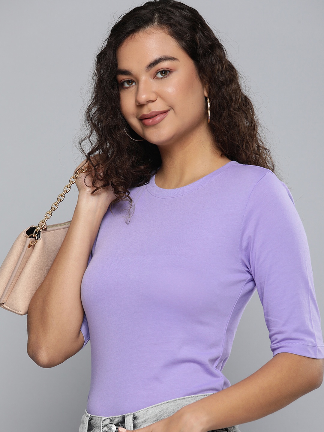 

HERE&NOW Women Lavender Solid Pure Cotton T-shirt