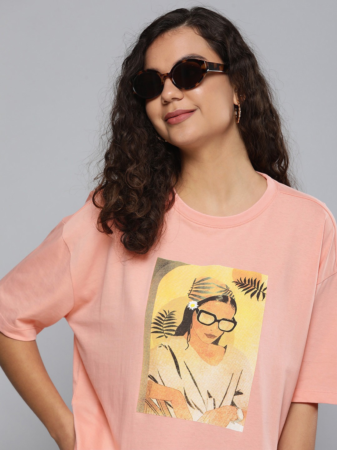 

HERE&NOW Women Pink & Yellow Printed Pure Cotton T-shirt