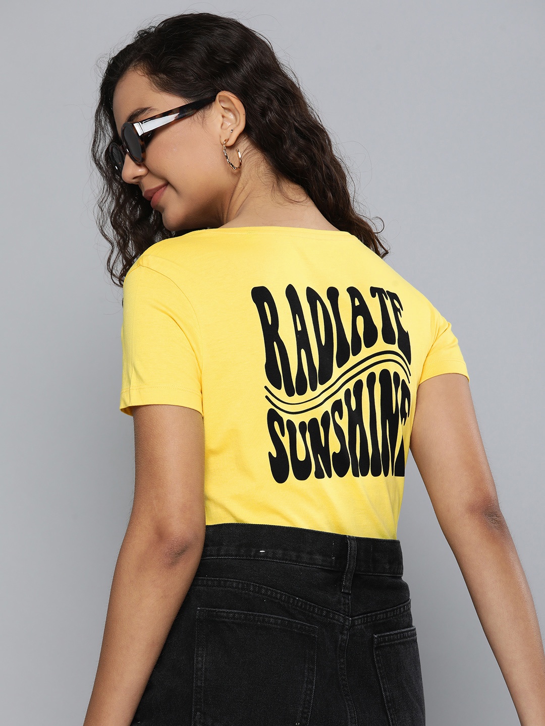 

HERE&NOW Women Yellow & Black Typography Printed Pure Cotton T-shirt