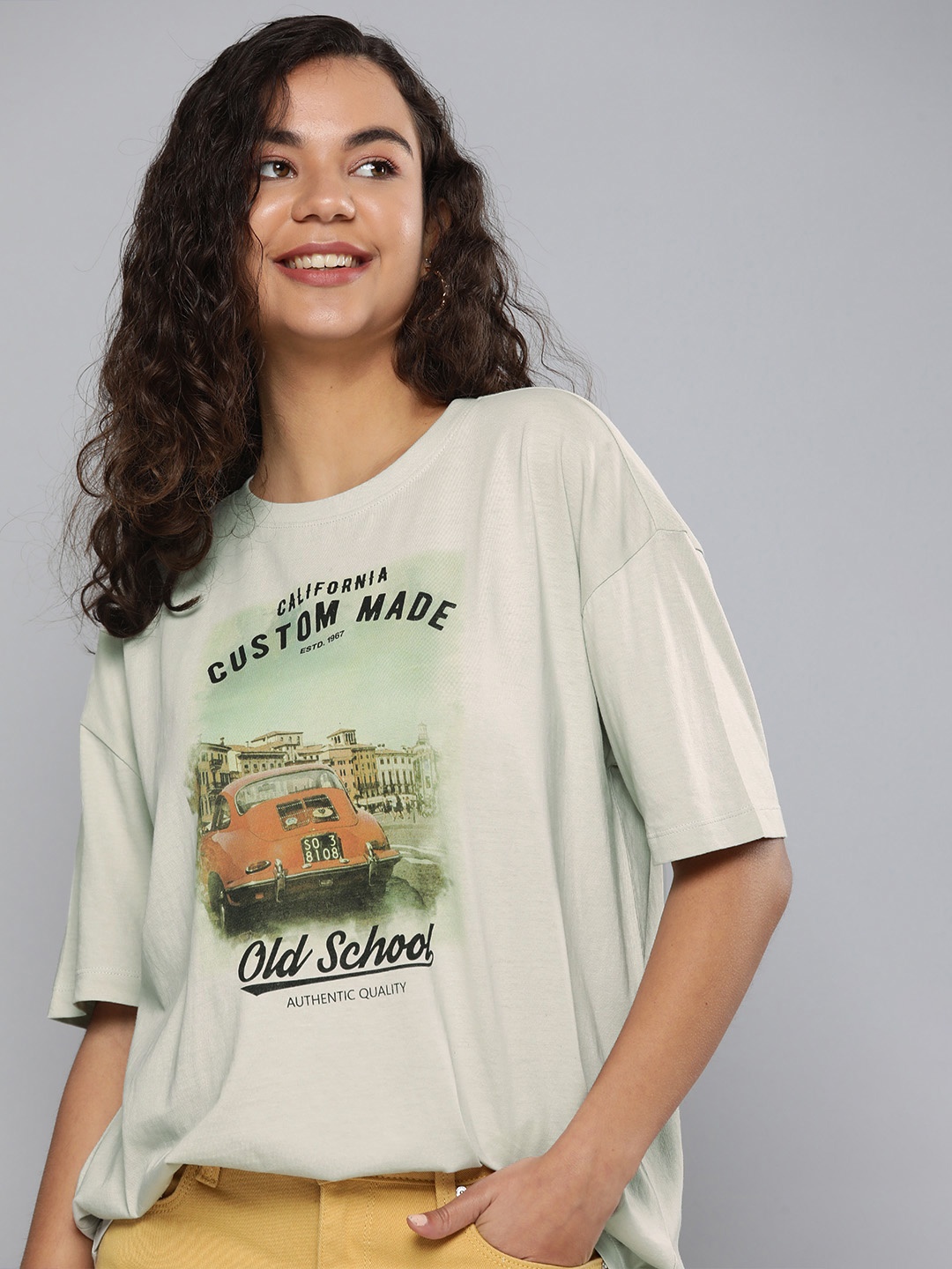 

HERE&NOW Women Grey & Green Printed Drop-Shoulder Sleeves Pure Cotton T-shirt