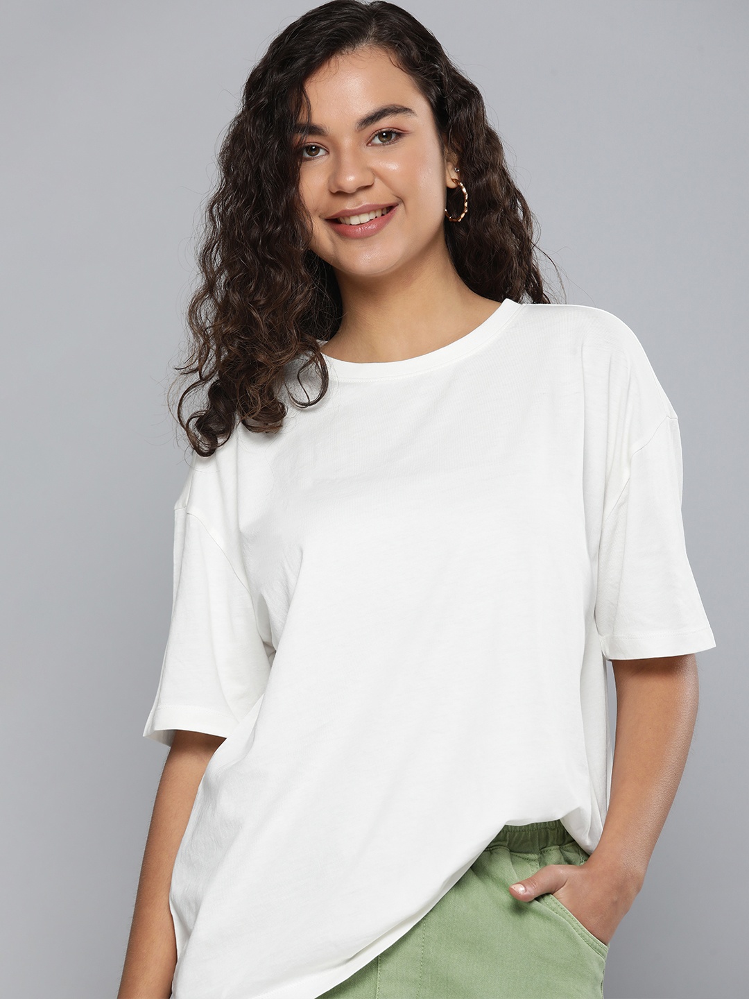 

HERE&NOW Women White Solid Drop-Shoulder Sleeves Pure Cotton T-shirt