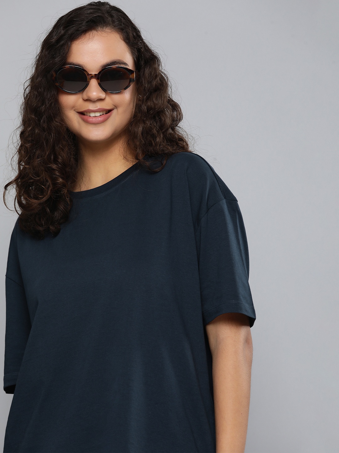 

HERE&NOW Women Navy Blue Solid Pure Cotton T-shirt