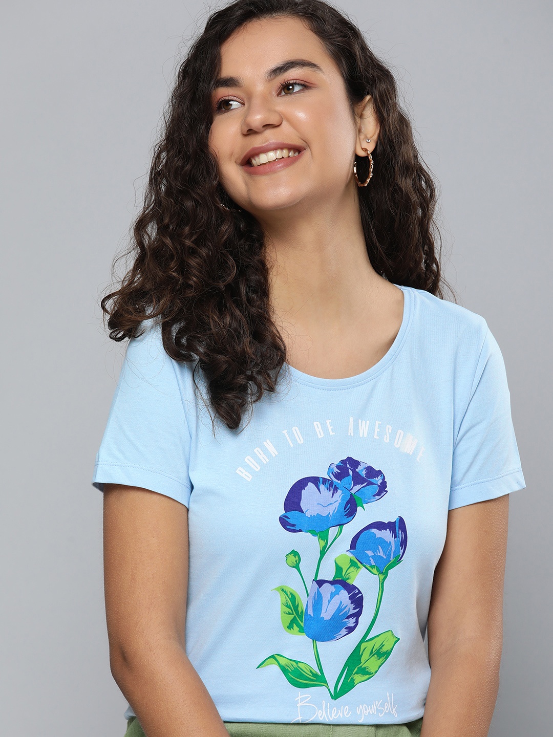 

HERE&NOW Women Blue & Green Floral Printed Pure Cotton T-shirt