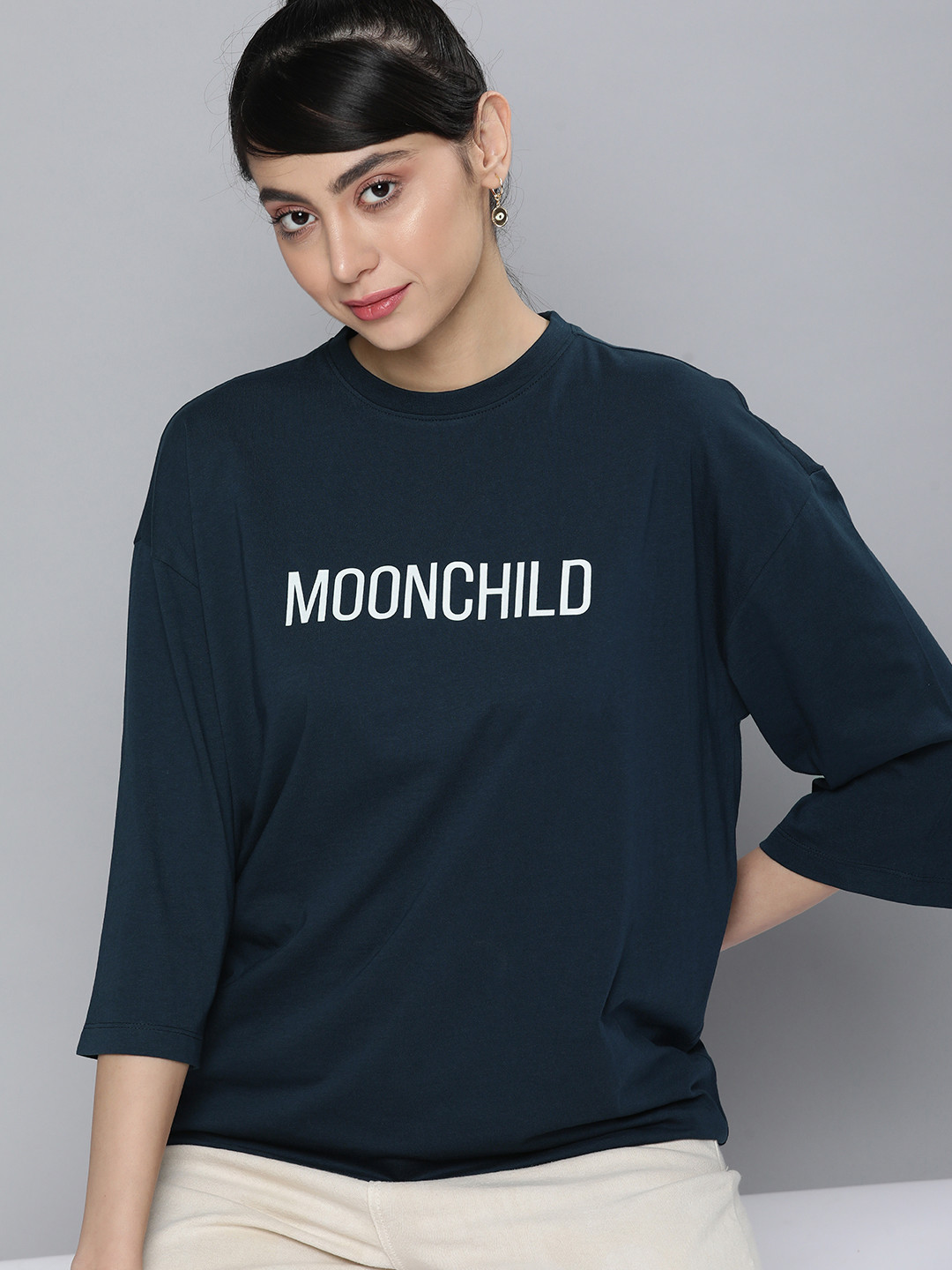 

HERE&NOW Women Navy Blue & White Typography Printed Drop-Shoulder Sleeves Pure Cotton T-shirt
