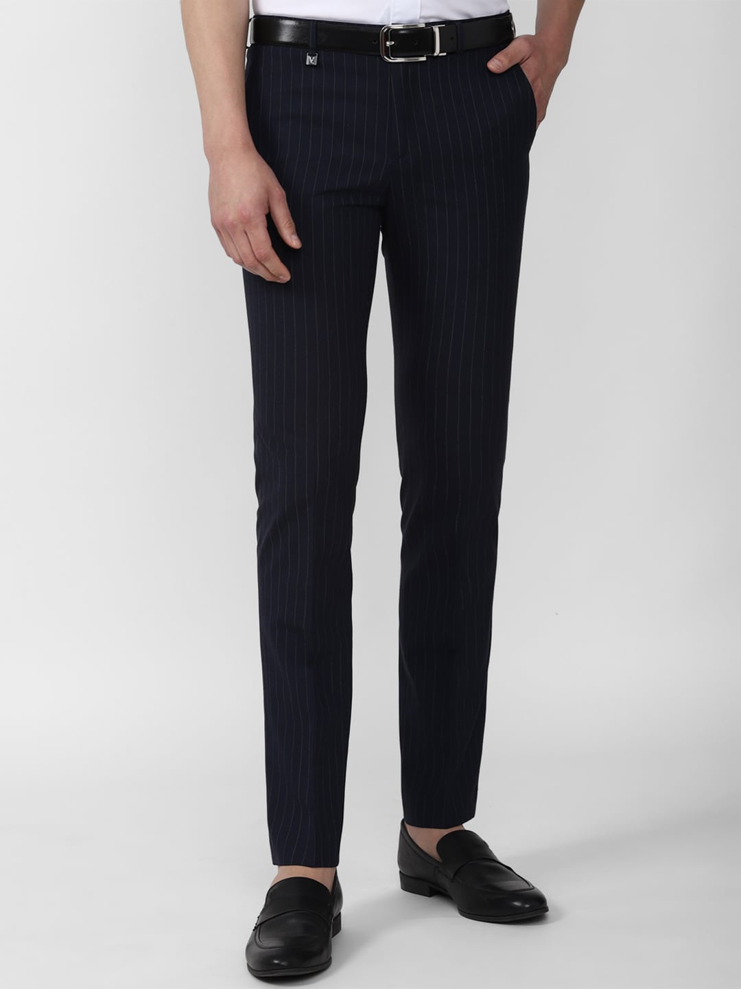 

V Dot Men Navy Blue Striped Skinny Fit Formal Trousers