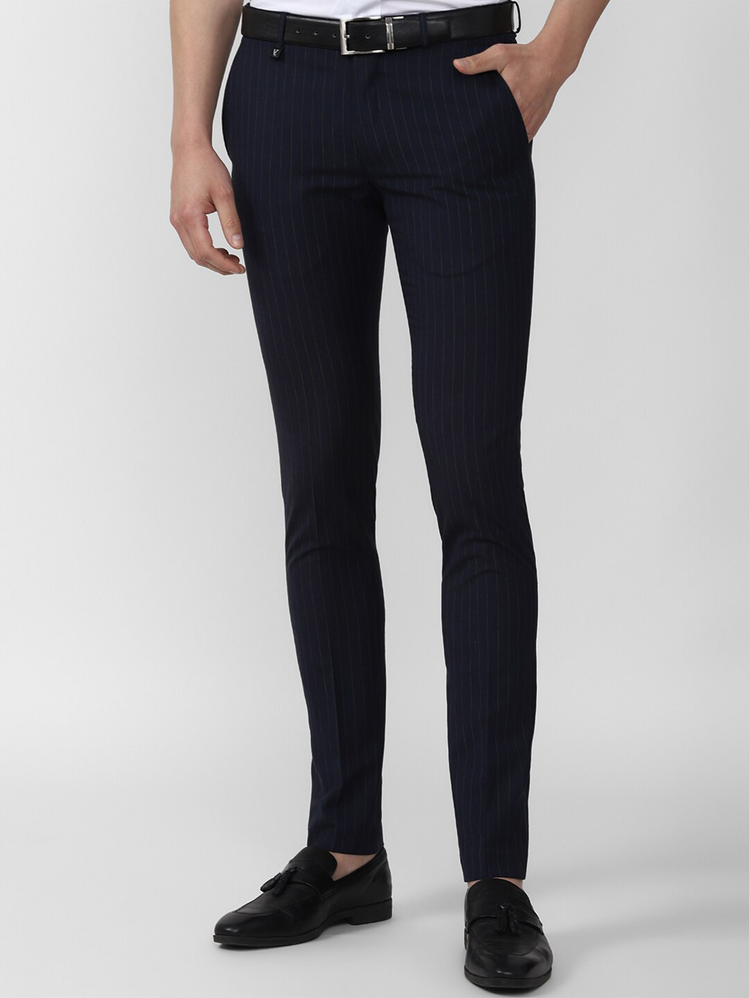 

V Dot Men Navy Blue Striped Slim Fit Formal Trousers