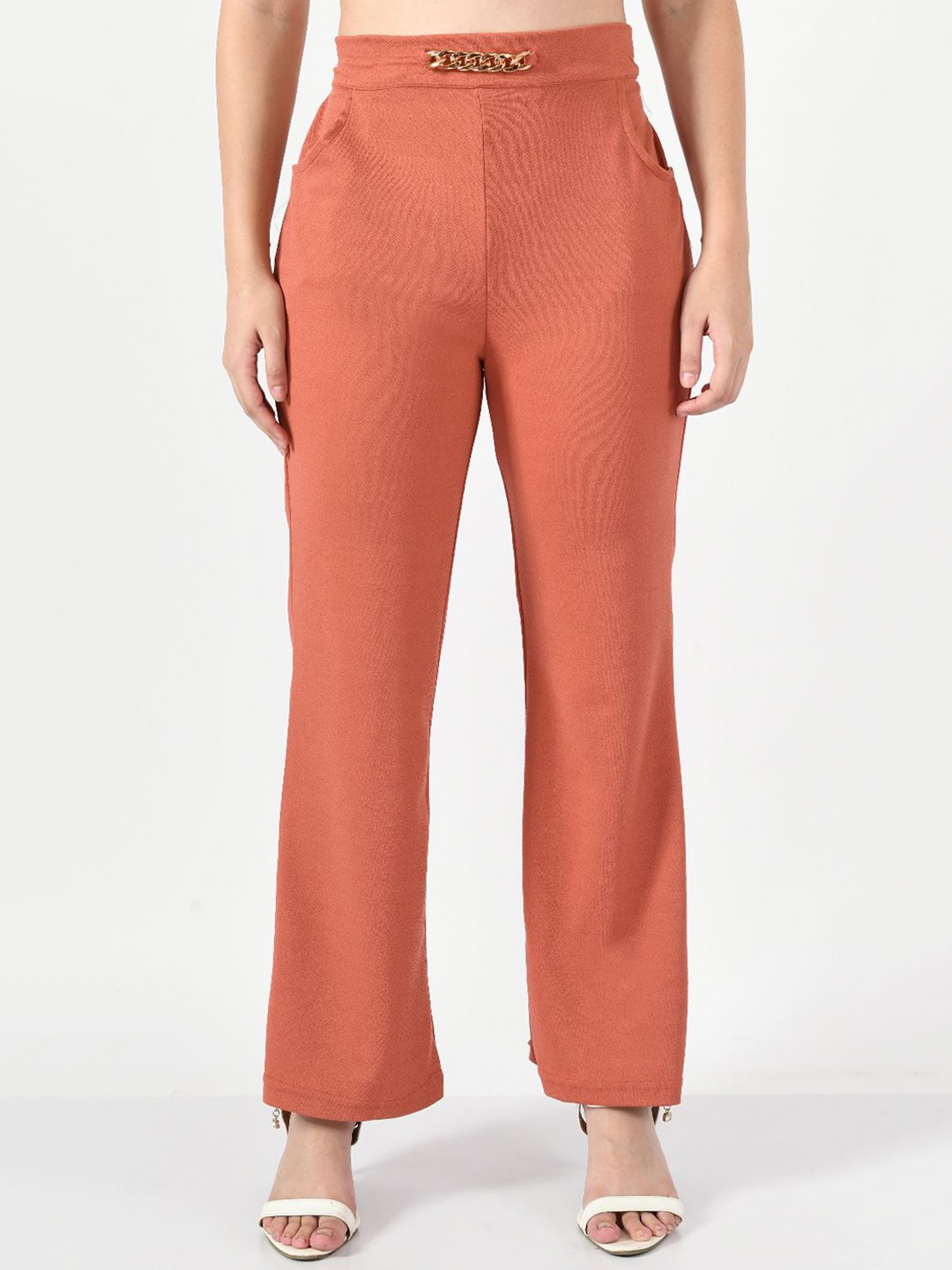 

IUGA Women Pink Solid Relaxed Straight Leg Trousers