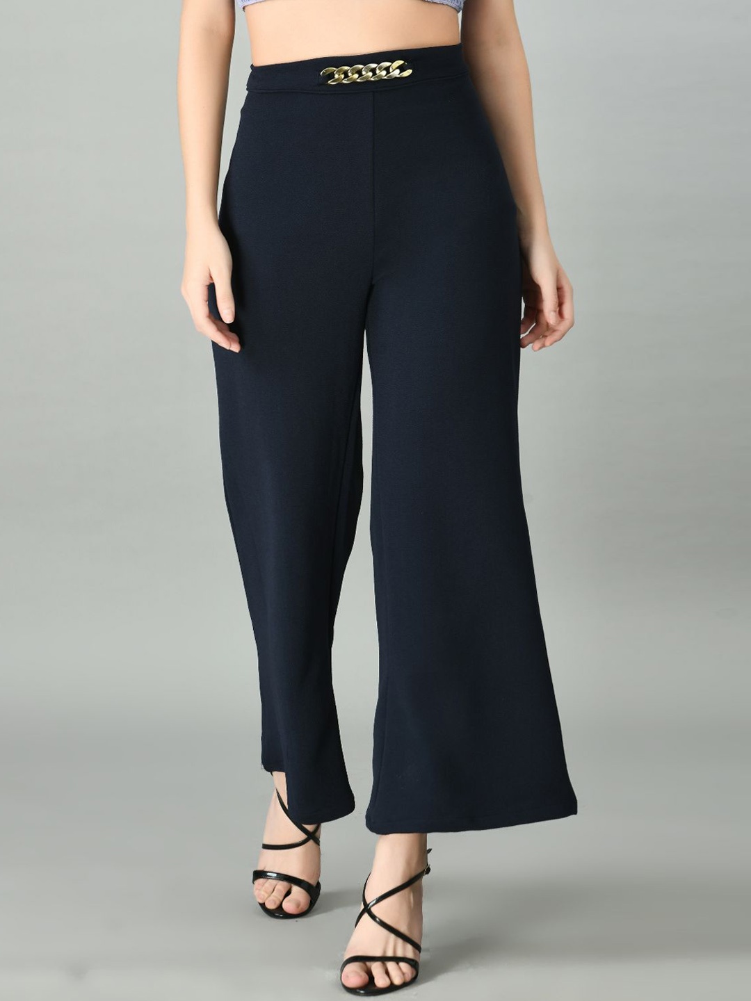 

IUGA Women Blue Solid Relaxed Straight Leg Trousers