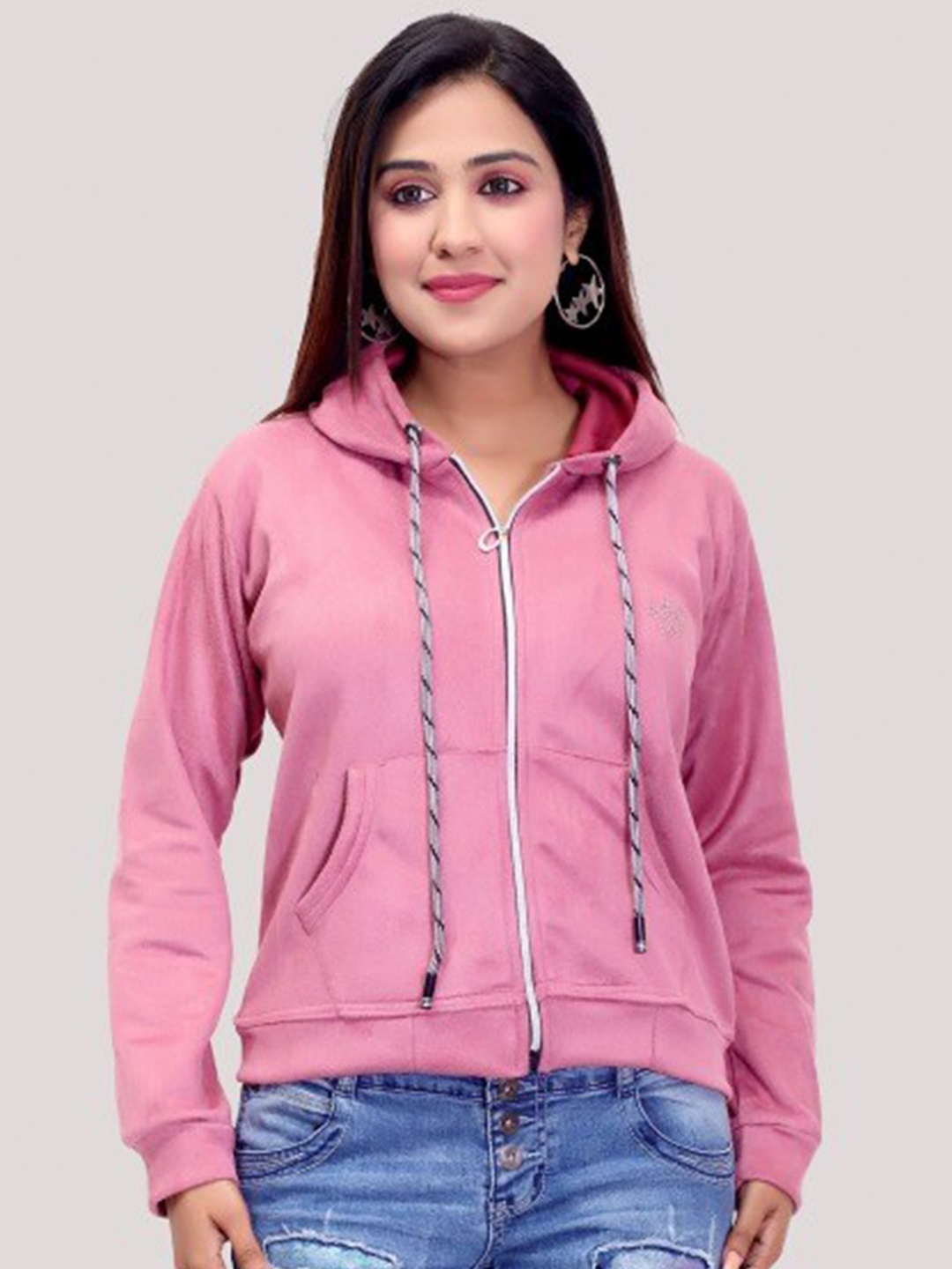 

FNOCKS Women Pink Solid Hooded Sweatshirt