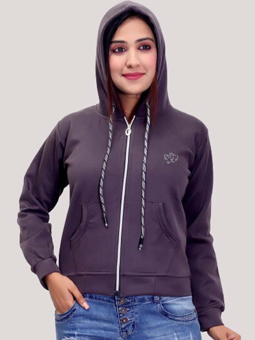 

FNOCKS Women Solid Hodded Sweatshirts, Grey