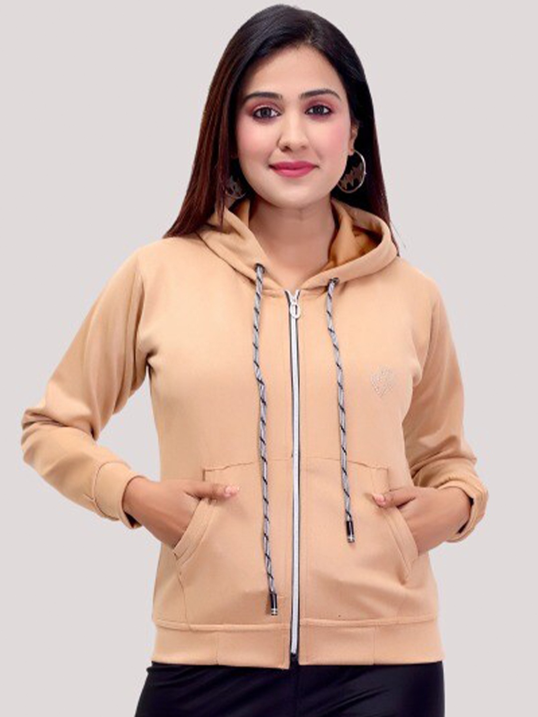 

FNOCKS Women Beige Solid Hooded Sweatshirts