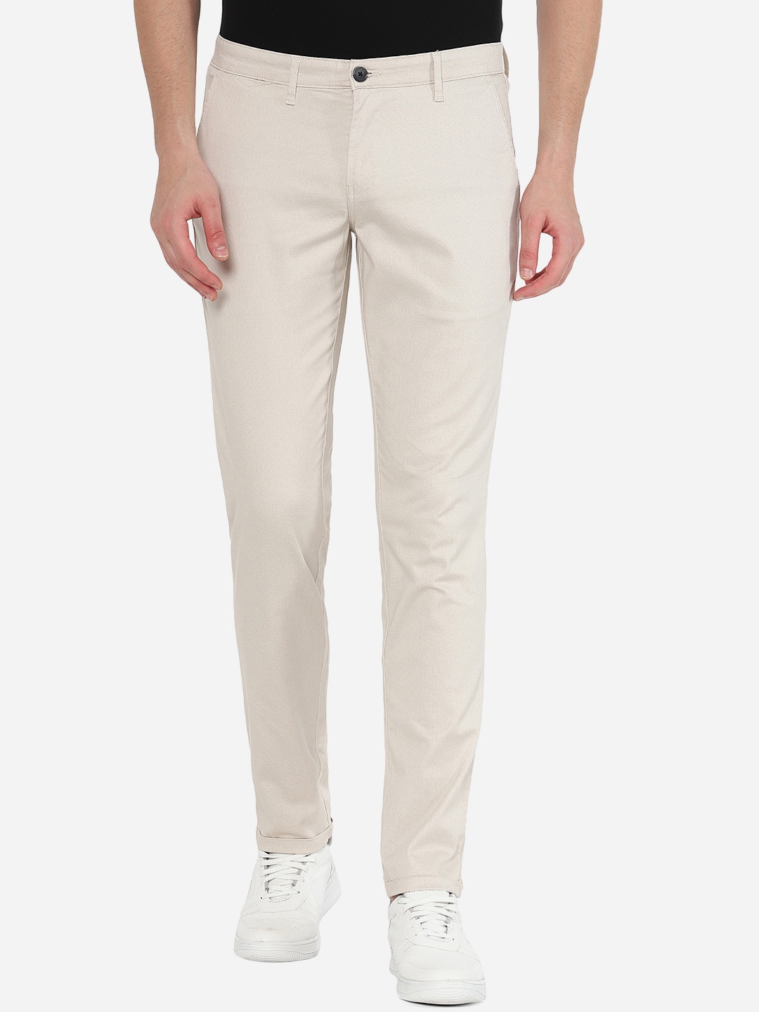 Greenfibre Men Off White Cotton Slim Fit Trousers