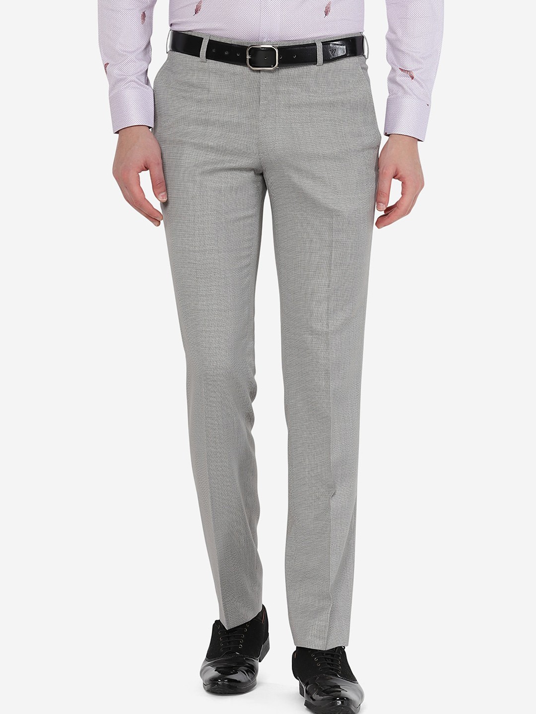 

JADE BLUE Men Grey Textured Slim Fit Trousers