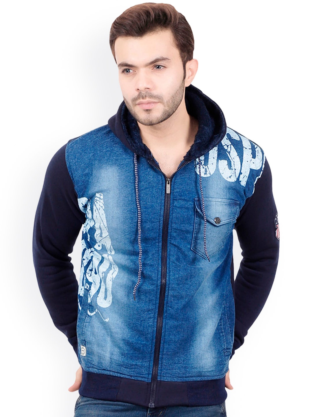 

AD & AV Men Blue And Black Fleece Crop Denim Jacket With Patchwork