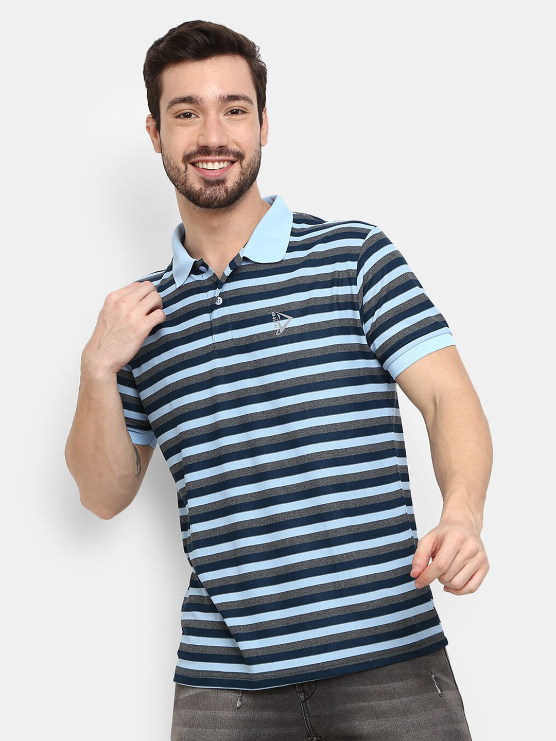 

V-Mart Men Navy Blue Striped Polo Collar T-shirt