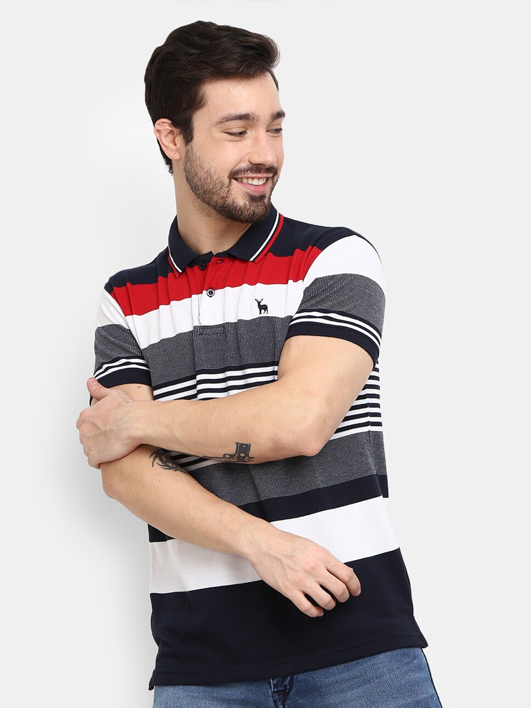 

V-Mart Men Navy Blue Striped Polo Collar T-shirt