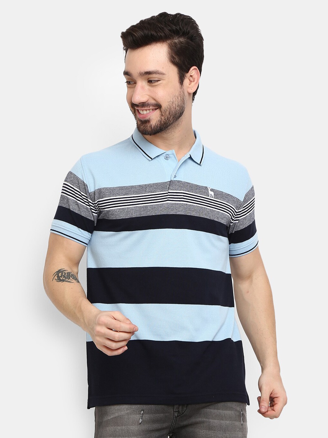 

V-Mart Men Blue Striped Polo Collar T-shirt