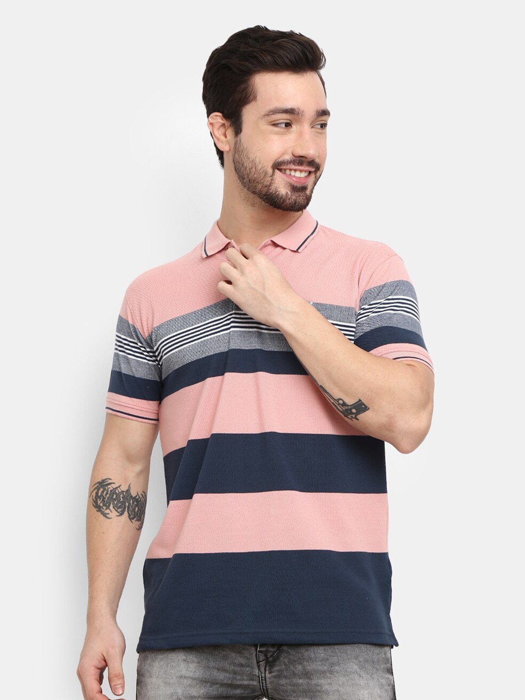

V-Mart Men Peach-Coloured Striped Polo Collar T-shirt