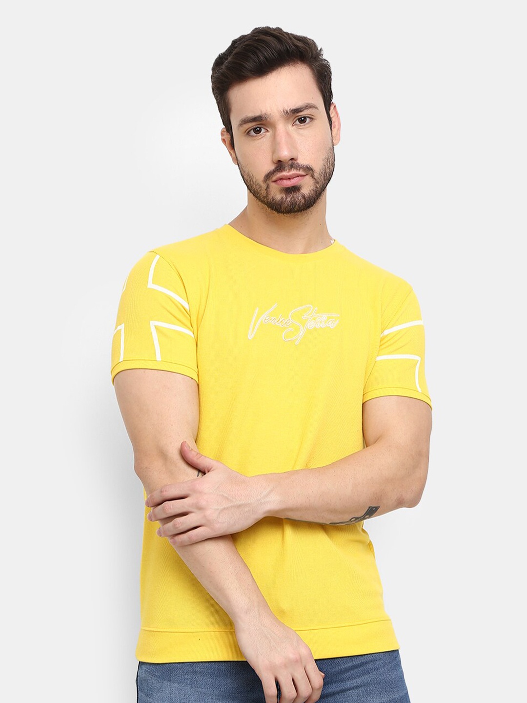 

V-Mart Men Yellow & White Typography Printed T-shirt