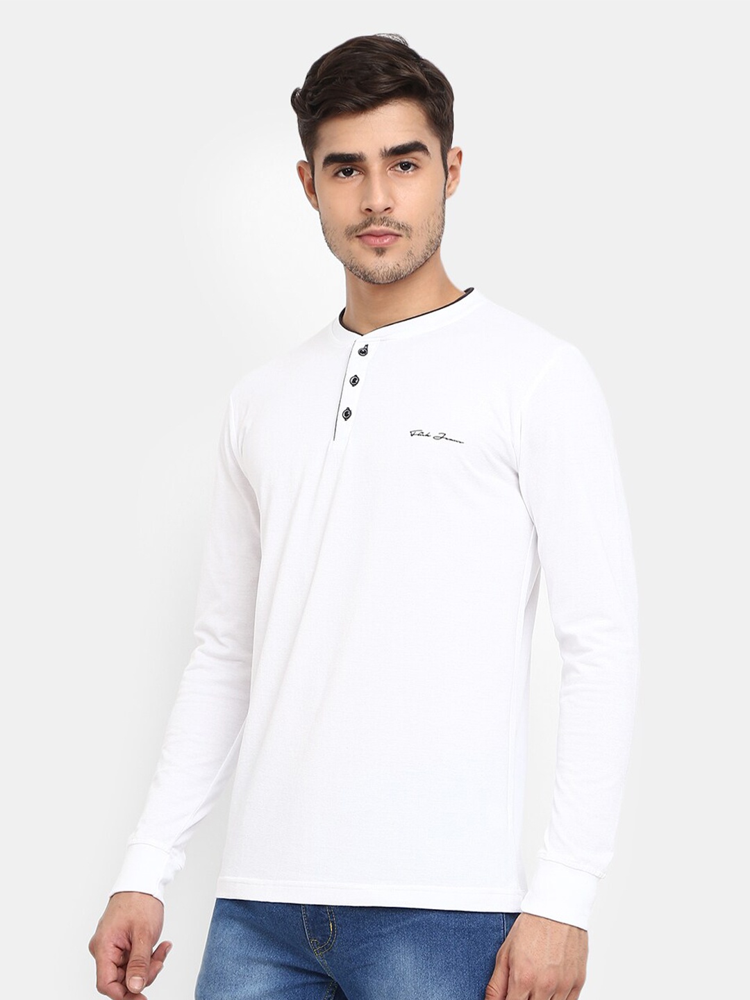 

V-Mart Men White & Black Typography Henley Neck T-shirt