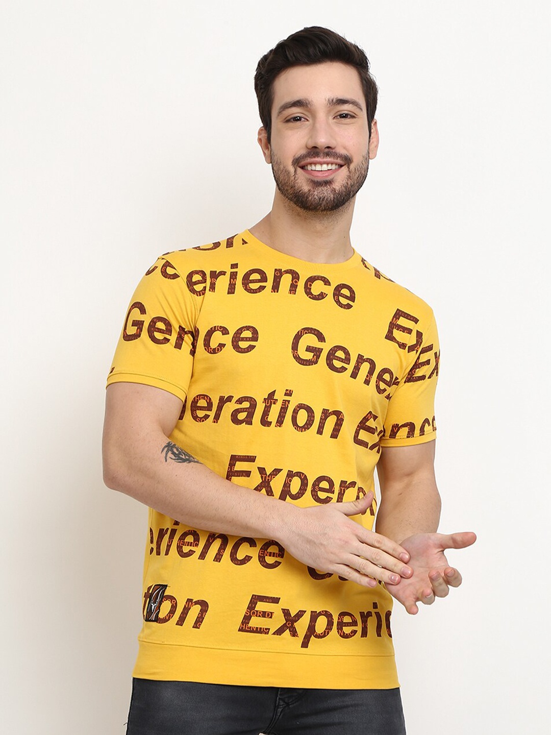 V-Mart Men Mustard Yellow Typography Printed Applique T-shirt