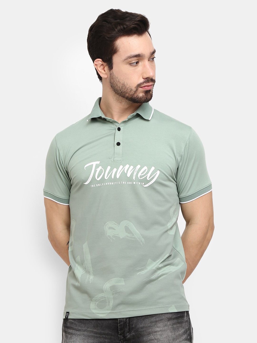 

V-Mart Men Olive Green Typography Printed Polo Collar Applique T-shirt