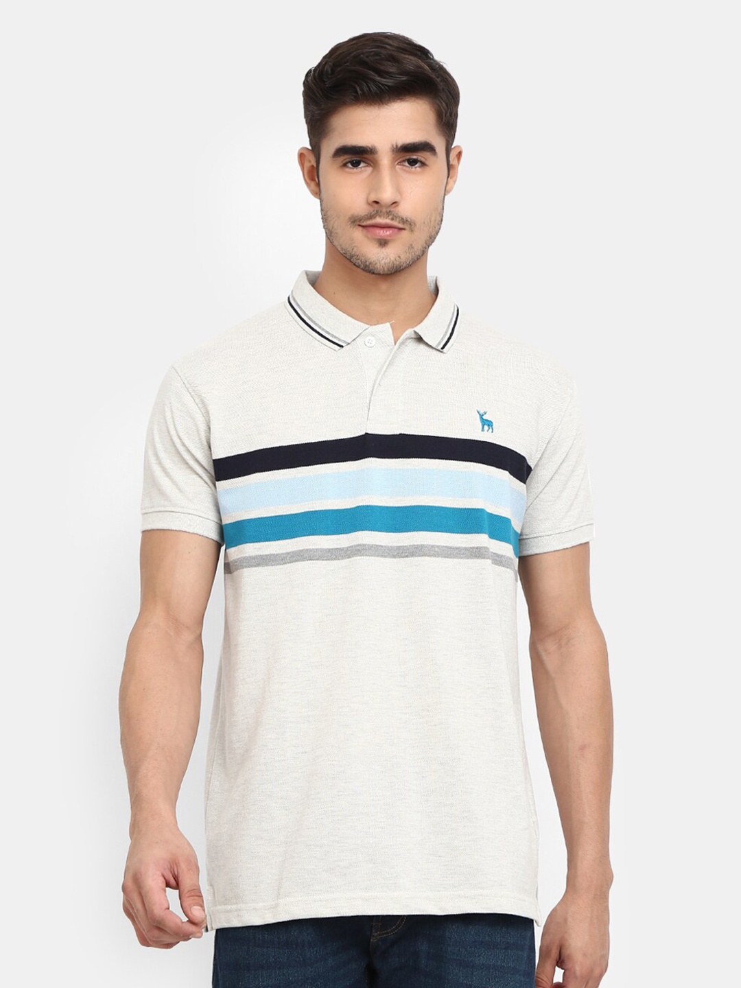 

V-Mart Men Off White Striped Polo Collar T-shirt