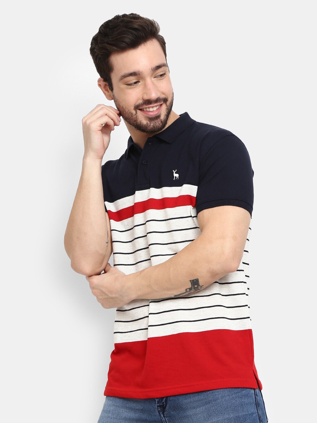 

V-Mart Men Navy Blue Striped Polo Collar T-shirt