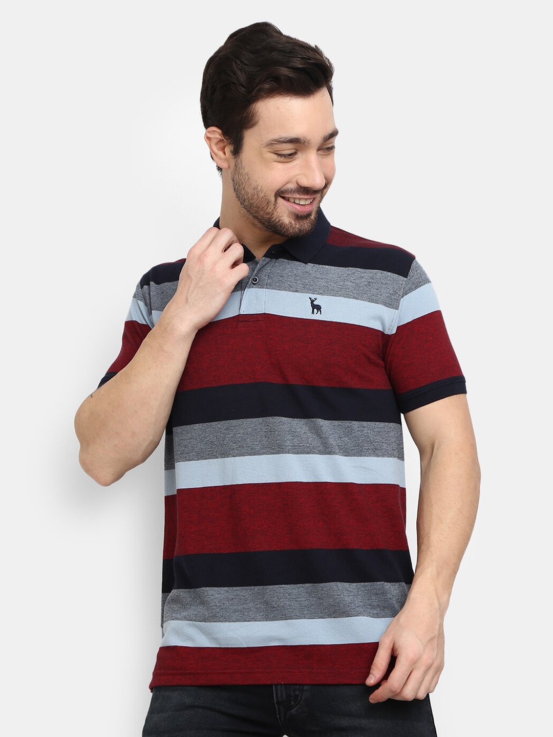 

V-Mart Men Navy Blue Striped Polo Collar T-shirt