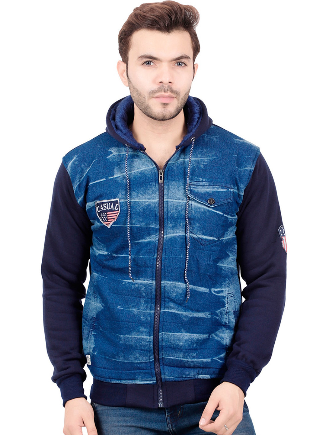 

AD & AV Men Navy Blue Fleece Denim Jacket with Patchwork
