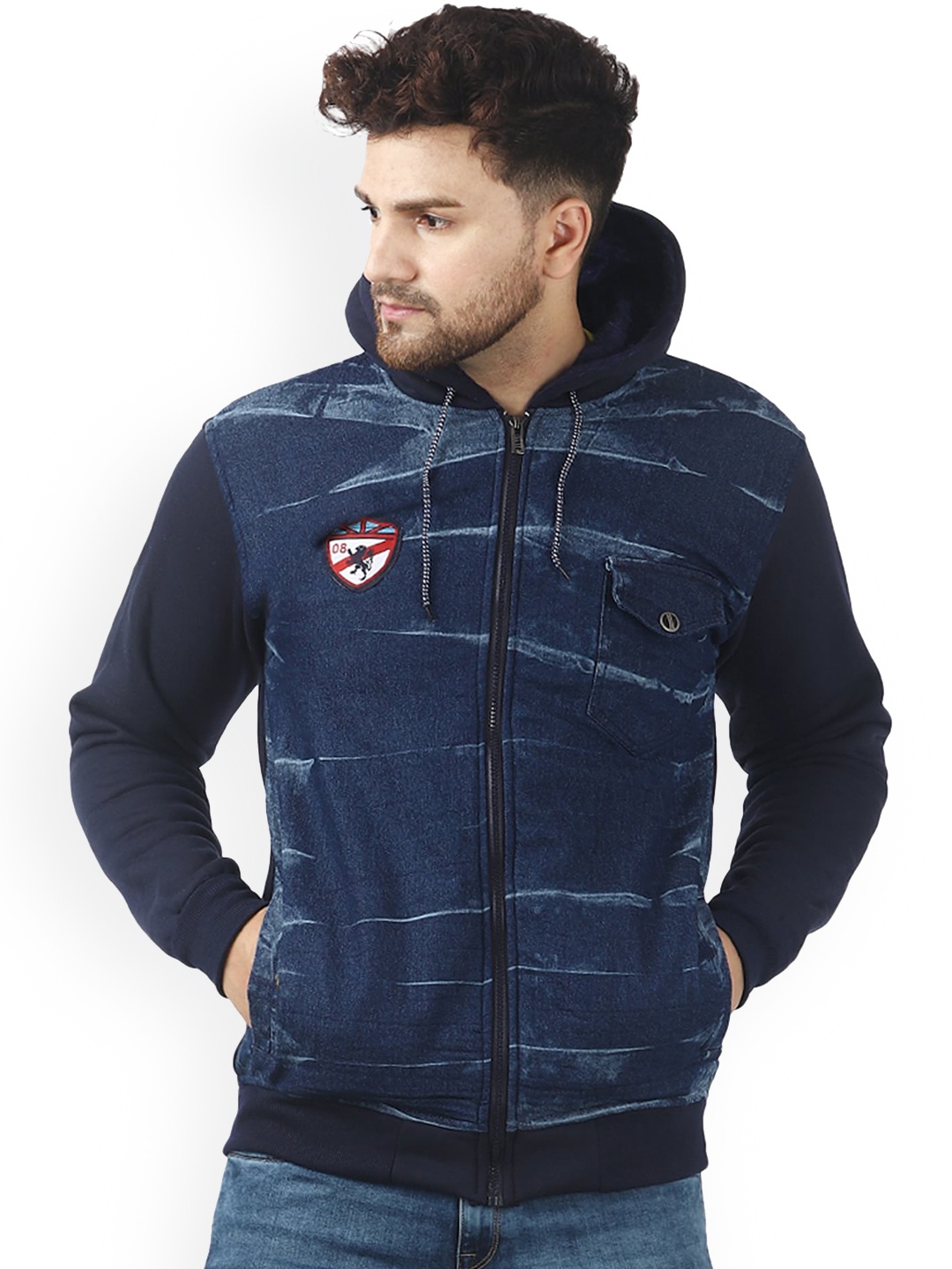 

AD & AV Men Navy Blue Striped Long Sleeves Fleece Quilted Jacket