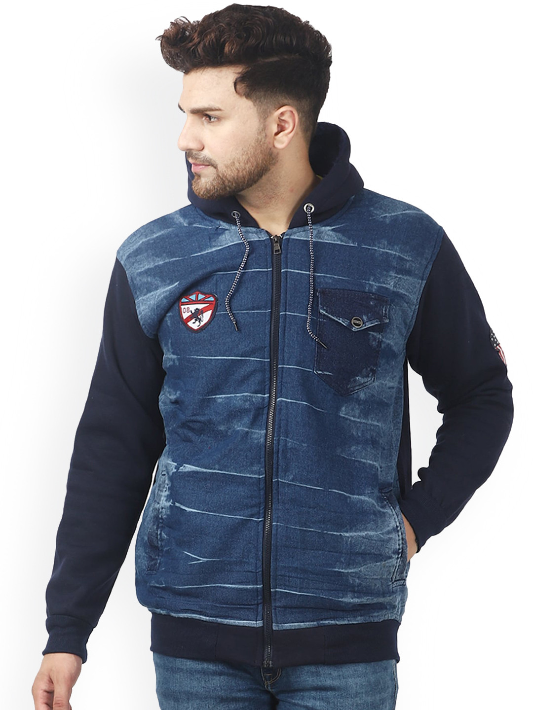 

AD & AV Men Navy Blue Fleece Denim Jacket with Patchwork
