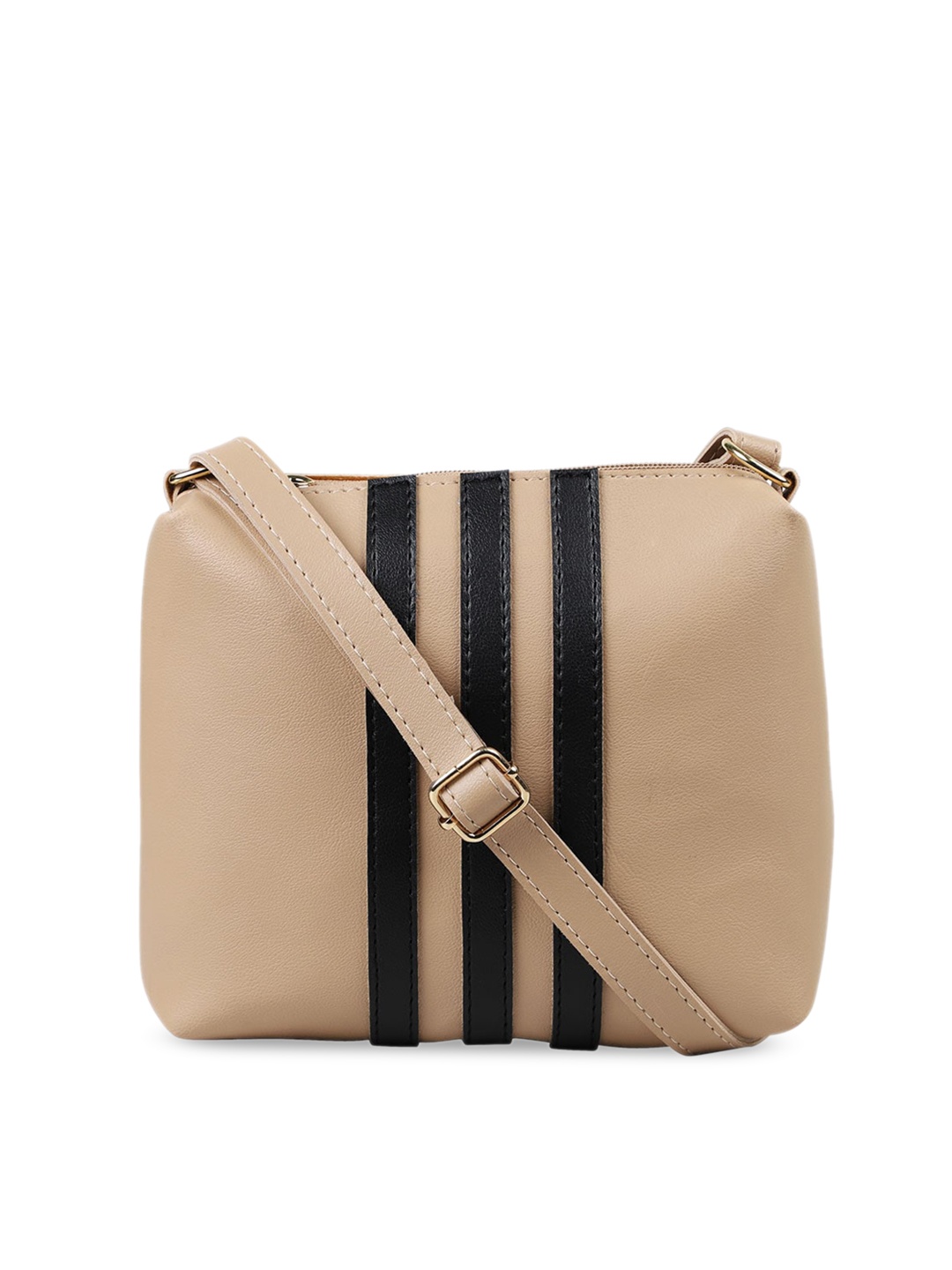 Bagsy Malone Women Striped PU Structured Sling Bag, Beige