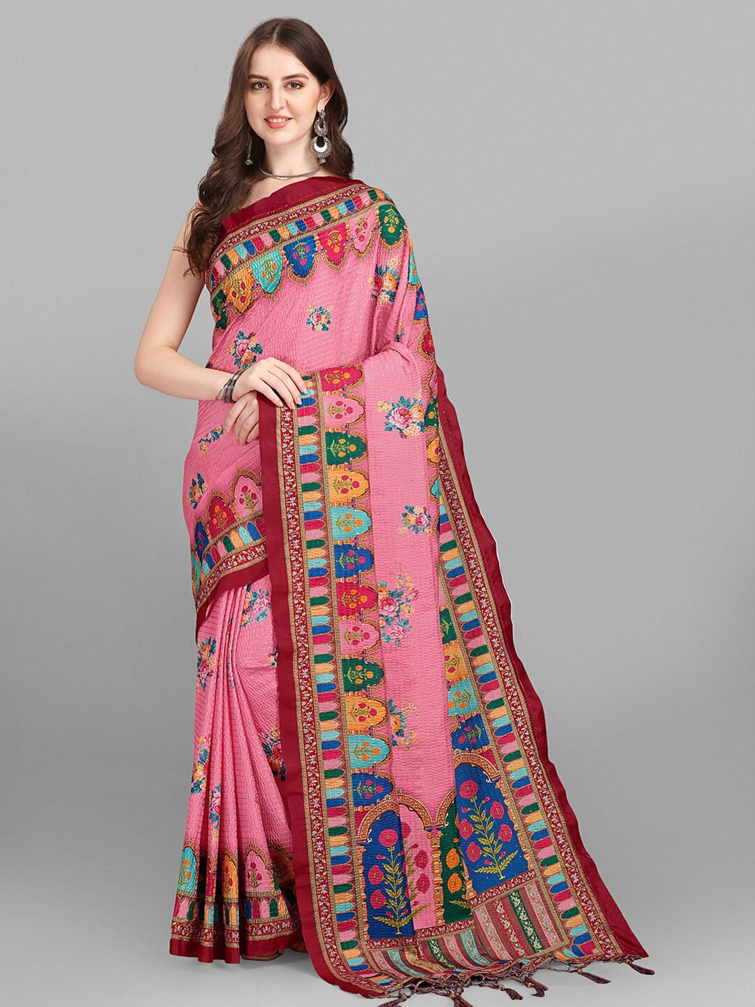 

YOYO Fashion Pink & Yellow Ethnic Motifs Silk Blend Saree