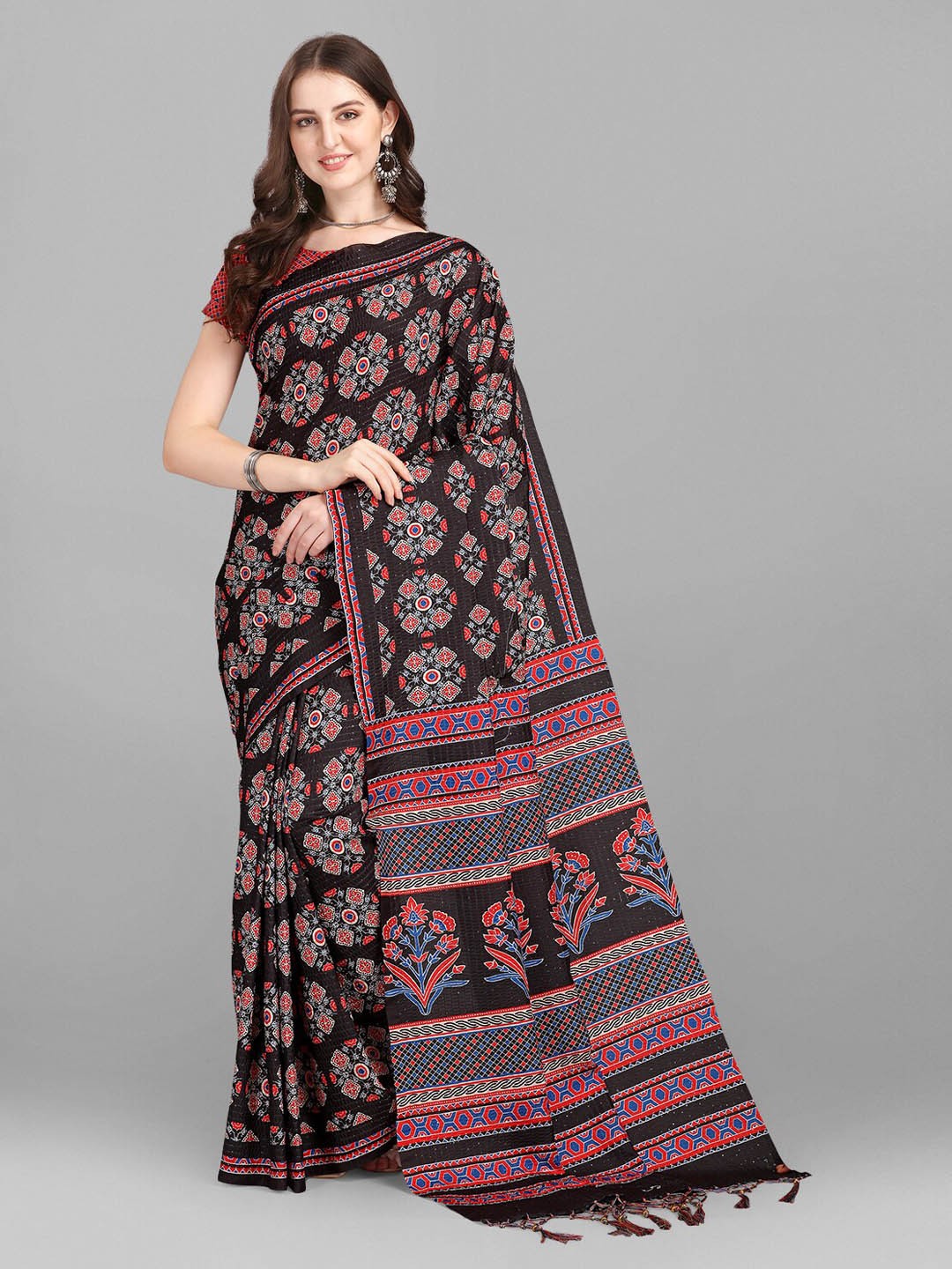 

YOYO Fashion Brown & Pink Printed Floral Silk Blend Saree