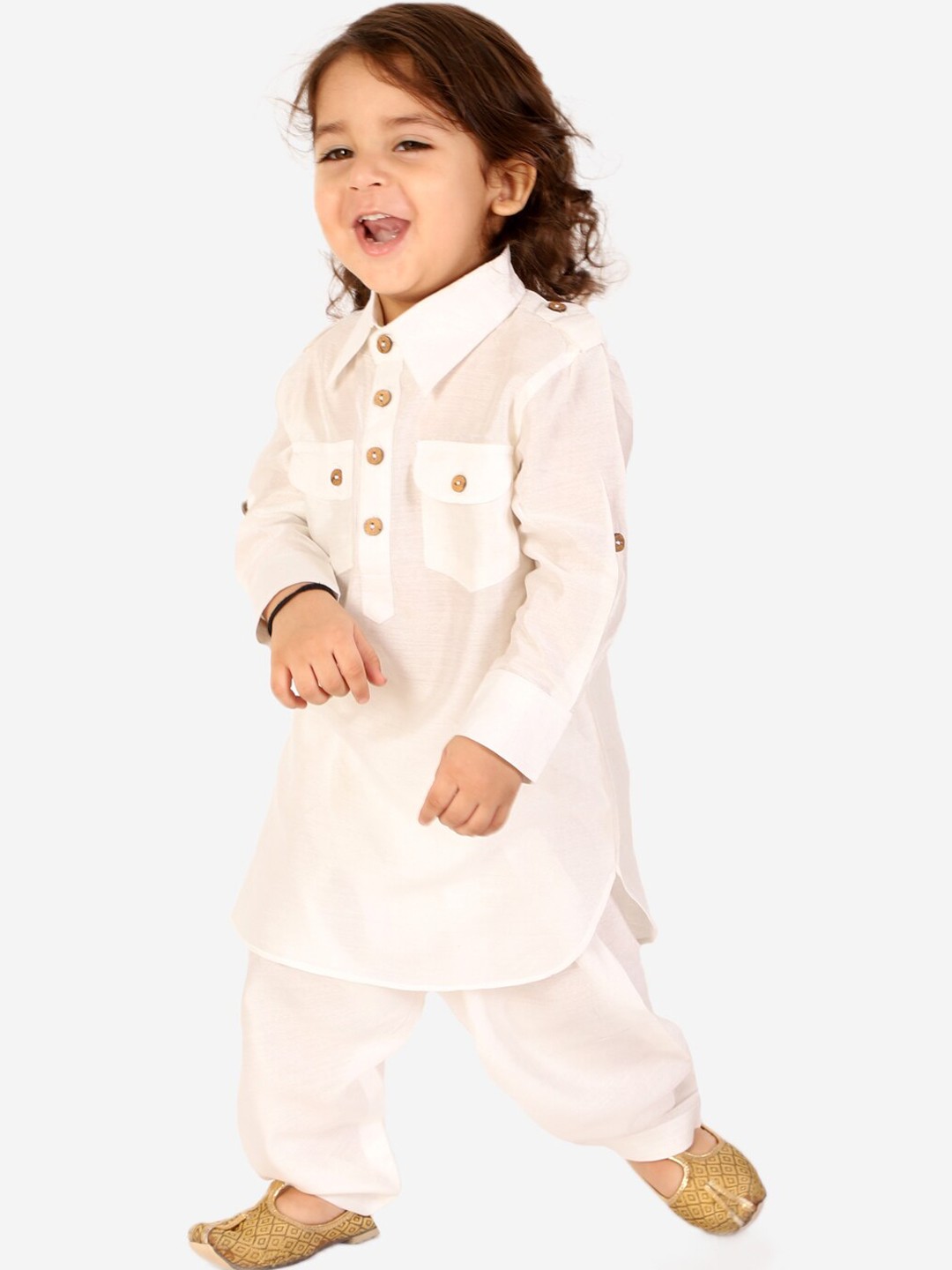 

KID1 Boys Solid Silk Blend Pathani Kurta with Salwar, White