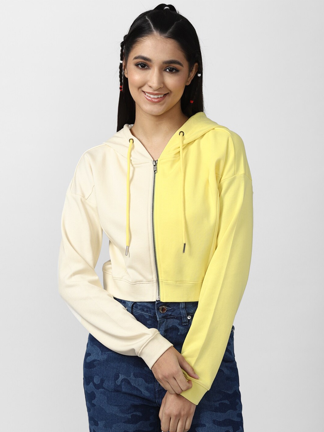 

FOREVER 21 Women Yellow Colourblocked Hooded Sweatshirt