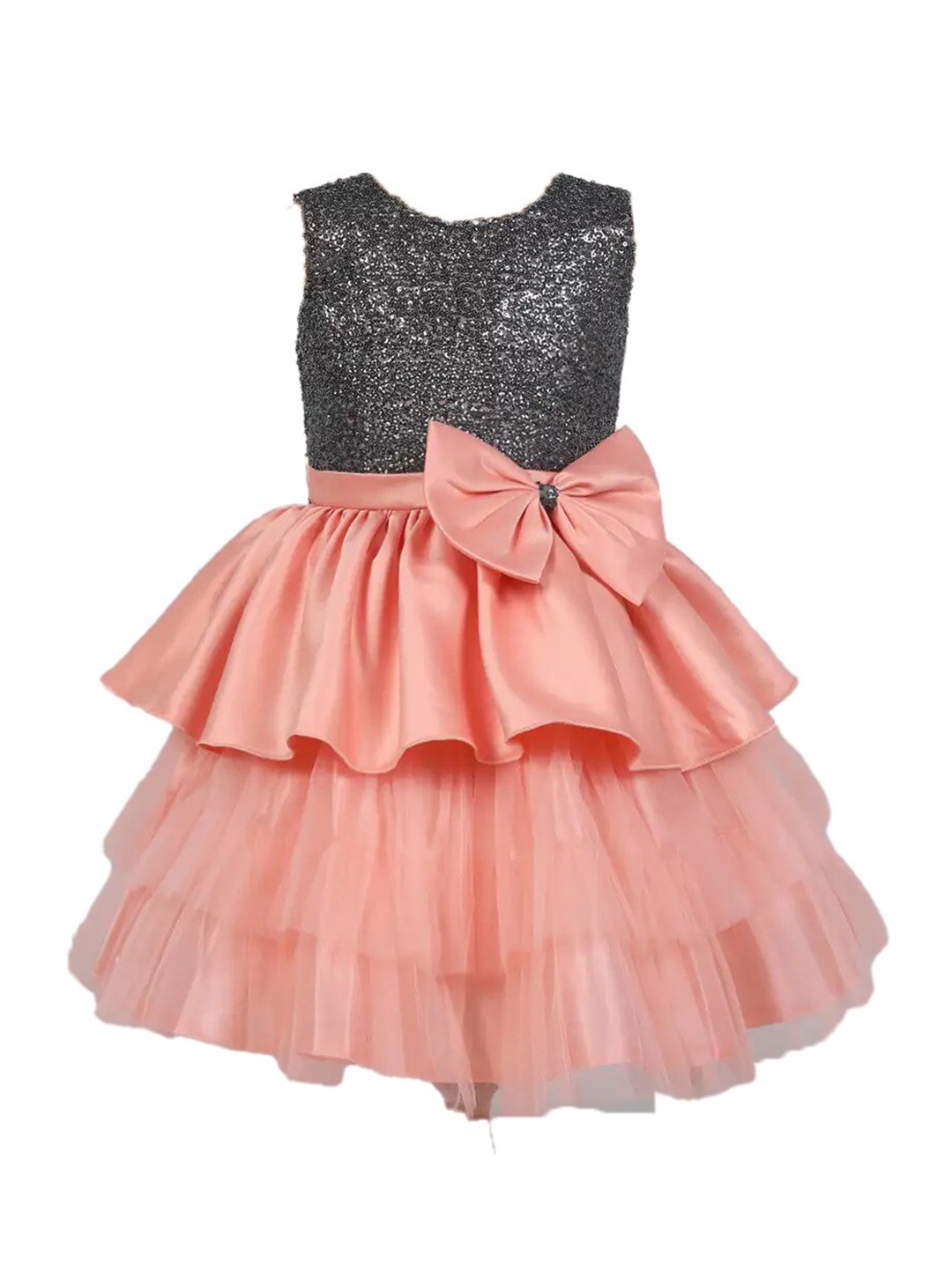 

The Magic Wand Girls Peach-Coloured & Black Embellished Satin Dress