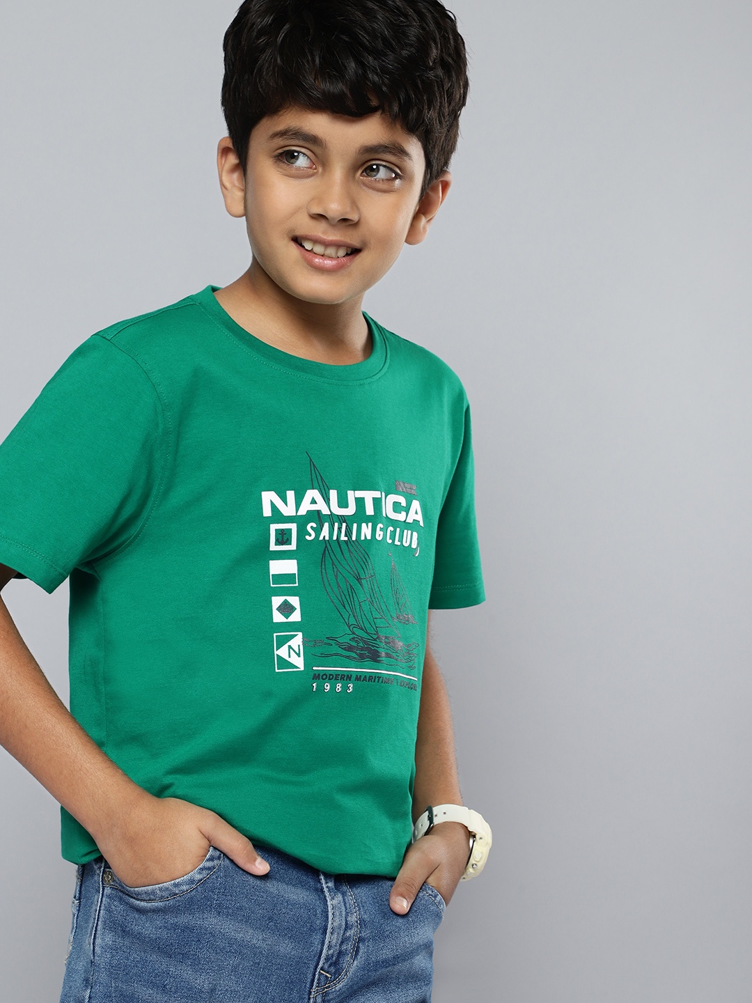 

Nautica Boys Typography & Graphic Printed Pure Cotton T-shirt, Green
