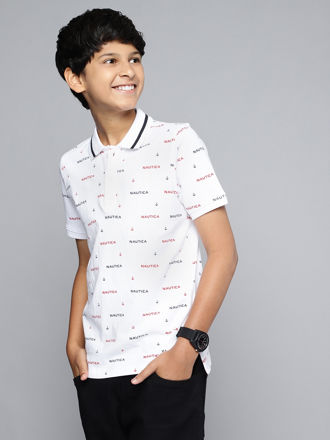 

Nautica Boys Pure Cotton Anchor Printed Polo Collar T-shirt, White